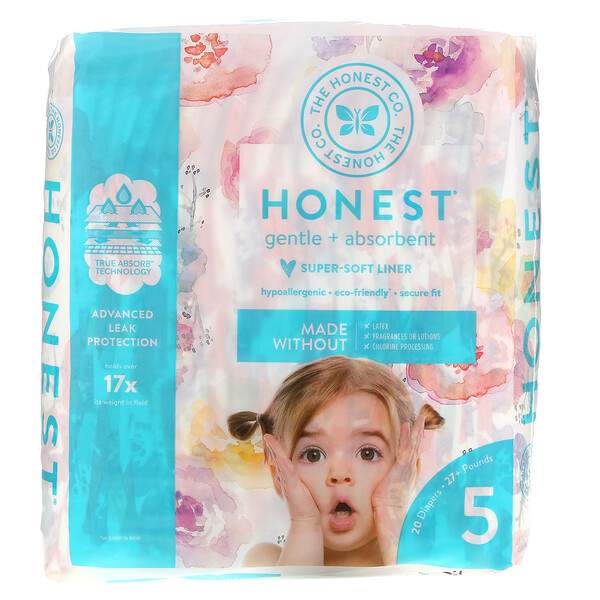 Honest Diapers, Size 5, 27+ Pounds, Rose Blossom, 20 Diapers