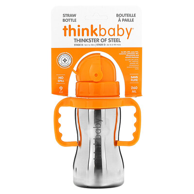 Thinkbaby, Thinkster of Steel, стальная бутылочка, оранжевая, бутылочка с 1 соломинкой, 290 мл (10 унций)