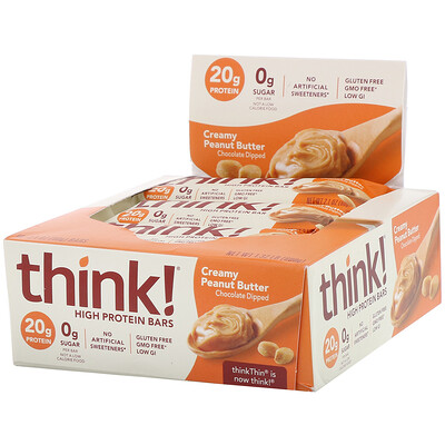 Купить Think ! Протеиновые батончики с высоким содержанием протеина, с арахисовой крем-пастой, 10 батончиков, по 60 г (2, 1 унции) каждый