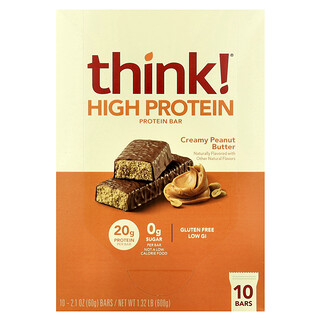 Think !, Barritas con alto contenido de proteínas, Mantequilla de maní cremosa, 10 barritas, 60 g (2,1 oz) cada una