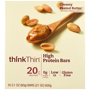 ThinkThin, Батончики с высоким содержанием протеина, Кремовое арахисовое масло, 10 батончиков, 21 унция (60 г) в каждом