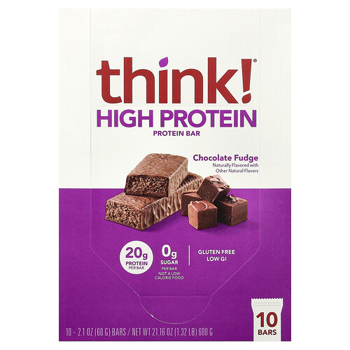 Think !, High Protein Bars, Chocolate Fudge, 10 Bars, 2.1 oz (60 g) Each