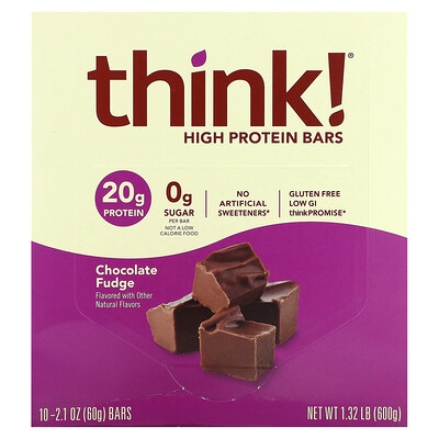 Think ! Высокопротеиновые батончики, шоколадная помадка, 10батончиков по 60г (2,1унции)