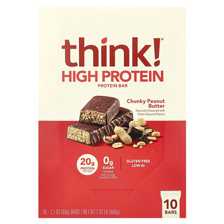 Think !, Barritas con alto contenido de proteínas, Mantequilla de maní en trozos, 10 barritas, 60 g (2,1 oz) cada una