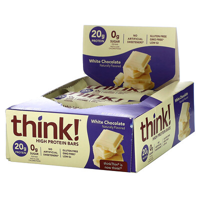 Think ! Высокопротеиновые батончики, белый шоколад, 10 батончиков по 60 г (2,1 унции)