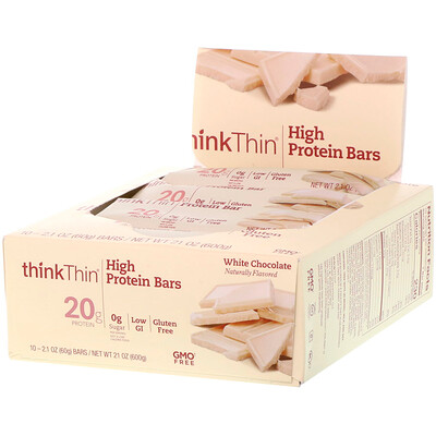 ThinkThin Высокопротеиновые батончики, белый шоколад, 10 батончиков по 60 г (2,1 унции)