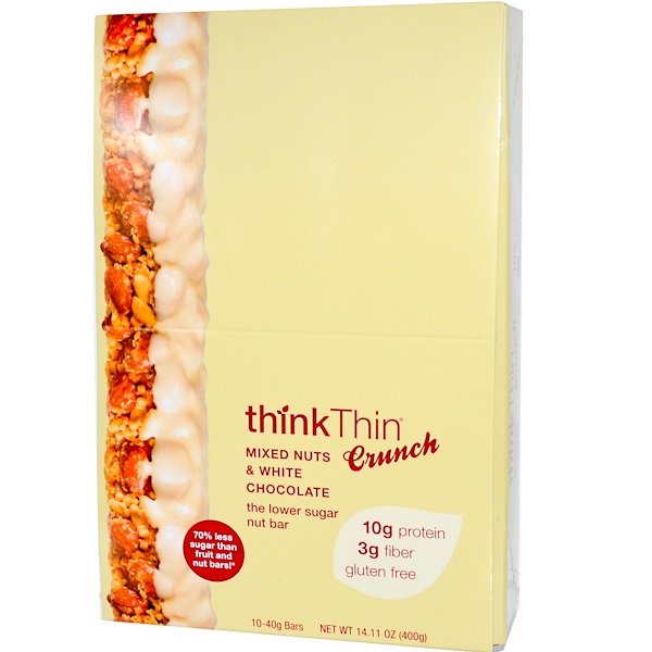 ThinkThin, ThinkThin, Crunch, Mixed Nuts & White Chocolate, 10 Bars, 40 g Each (Discontinued Item) 