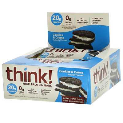 Купить Think ! батончик с высоким содержанием протеина, печенье и сливки, 10 батончиков по 60 г (2, 1 унции) каждый