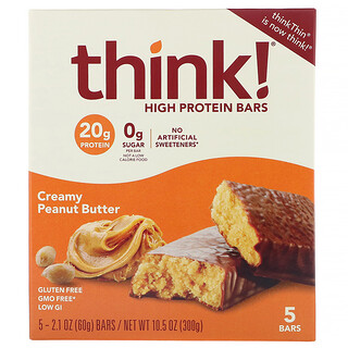 Think !, Barritas altas en proteína, Mantequilla de maní cremosa, 5 barritas, 60 g (2,1 oz) cada una