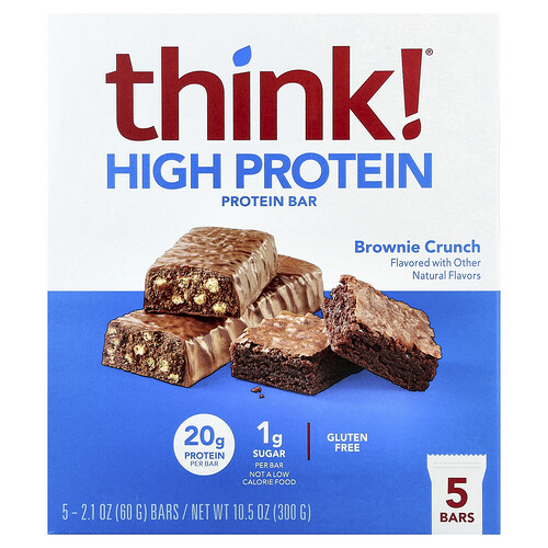 Think !, High Protein Bars, Brownie Crunch, 5 Bars, 2.1 oz (60 g) Each