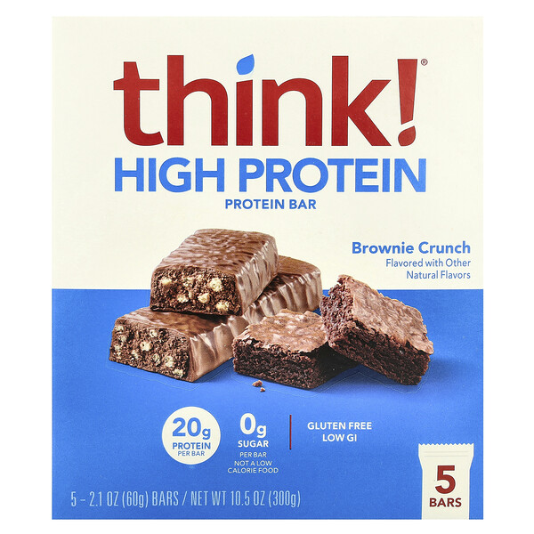 Think ! High Protein Bars, Brownie Crunch, 5 Bars, 2.1 oz (60 g) Each