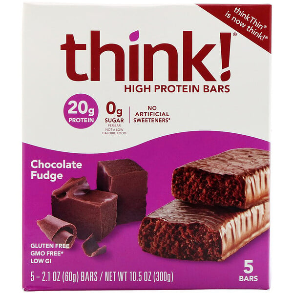 Think !, High Protein Bars, Chocolate Fudge, 5 Bars, 2.1 oz (60 g) Each