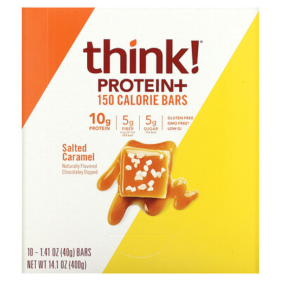 Think ! Батончики Protein + 150 Calorie, соленая карамель, 10 батончиков по 1,41 унции (40 г) каждый
