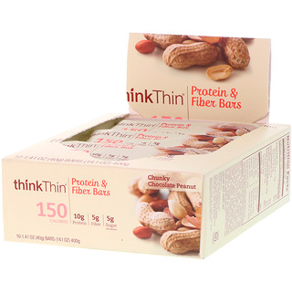 Think !, Barras de Proteína e Fibras, Chocolate crocante com amendoim, 10 barras, 1,41 onças (40 g) cada