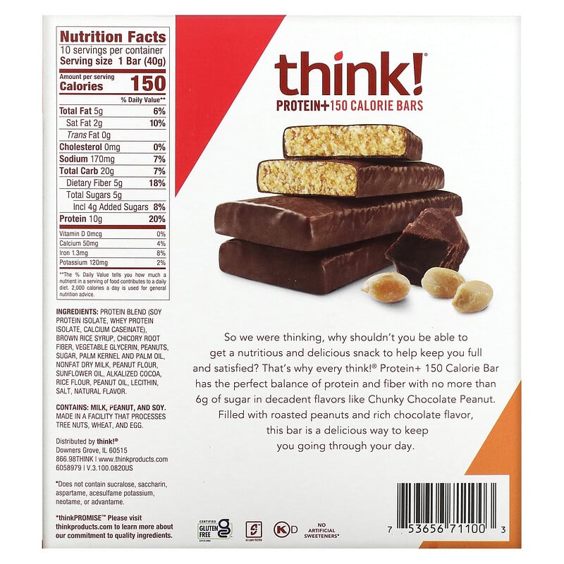 Think !, Protein+ 150 Calorie Bars, Chunky Chocolate Peanut, 10 Bars, 1 ...