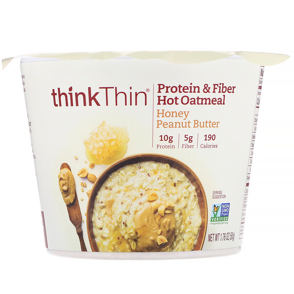 Think !, Protein & Fiber Hot Oatmeal, Honey Peanut Butter, 1.76 oz (50 g)