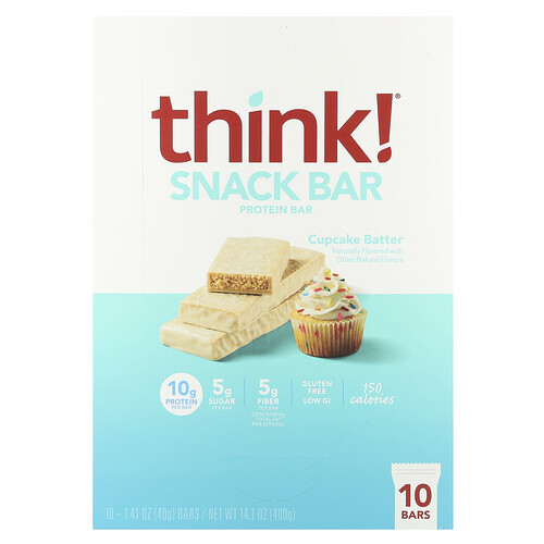 Think ! Snack Protein Bar, Cupcake Batter, 10 Bars, 1.41 oz (40 g) Each