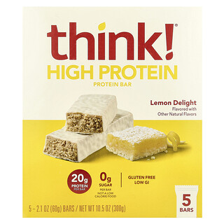 Think !, ハイプロテインバー、レモンデライト、5本、各60g（2.1オンス）