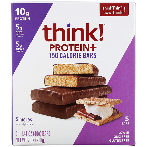Think !‏, Protein+ 150 Calorie Bars, Smore's, 5 Bars, 1.41 oz (40 g) Each