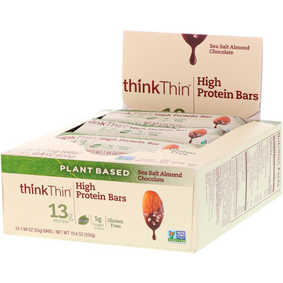 Купить Think ! Батончики с высоким содержанием протеина, с морской солью, миндалем и шоколадом, 10 баточников, 1, 94 унц. (55 г) каждый