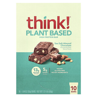 Think !, Barritas de origen vegetal con alto contenido de proteínas, Sal marina, almendras y chocolate, 10 barritas, 55 g (1,94 oz) cada una