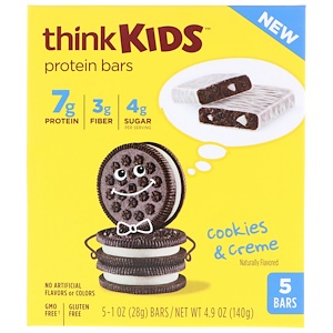 Отзывы о ТинкТин, ThinkKids, Protein Bars, Cookies & Creme, 5 Bars, 1 oz (28 g) Each