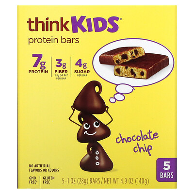 Think ! протеиновые батончики thinkKIDS, шоколадная крошка, 5 батончиков по 28 г (1 унции)