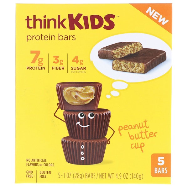 Think !, ThinkKids, Protein Bars, Peanut Butter Cup, 5 Bars, 1 oz (28 g ) Each
