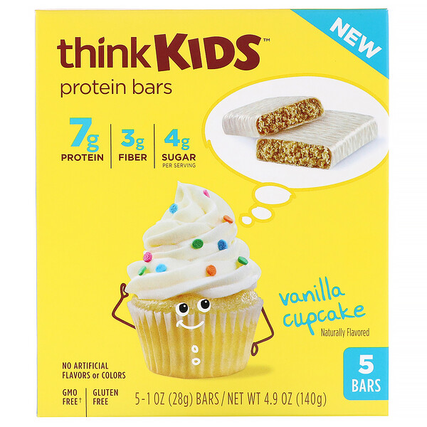 Think !, ThinkKids, Protein Bars, Vanilla Cupcake, 5 Bars, 1 oz (28 g