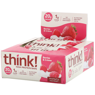 ThinkThin Батончики с высоким содержанием белка, ягоды со сливками, 10 батончиков, 60 г (2,1 унции) каждый