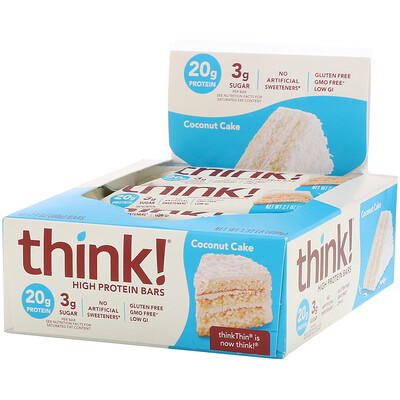 ThinkThin Батончики с высоким содержанием белка, кокосовый торт, 10 батончиков, 60 г (2,1 унции) каждый