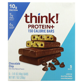 Think !, Protein+ 150 Calorie Bars, Chocolate Chip, 5 Bars, 1.41 oz (40 g) Each