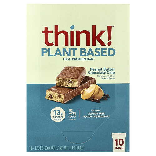 Think ! Plant Based High Protein Bars Peanut Butter Chocolate Chip 10 Bars 1.76 oz (50 g) Each