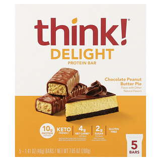 Think !, Delight Protein, протеиновый батончик, шоколадный пирог с арахисовой пастой, 5 шт. по 40 г (1,41 унции)