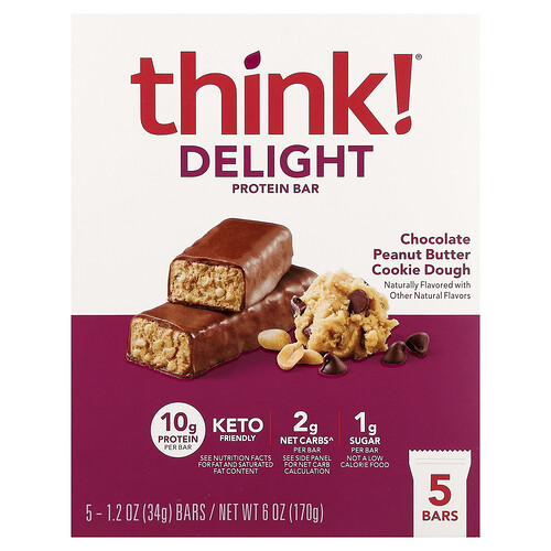 Think ! Delight Protein Bar, Chocolate Peanut Butter Cookie Dough, 5 Bars, 1.2 oz (34 g) Each