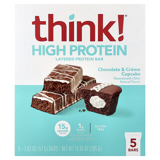 Think !, Eiwitrijke gelaagde reep, chocolade & crème cupcake, 5 repen, 57 g per stuk