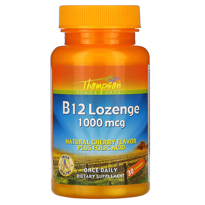Thompson B12 таблетки для рассасывания, натуральный аромат вишни, 1000 мкг, 30 таблеток для рассасывания