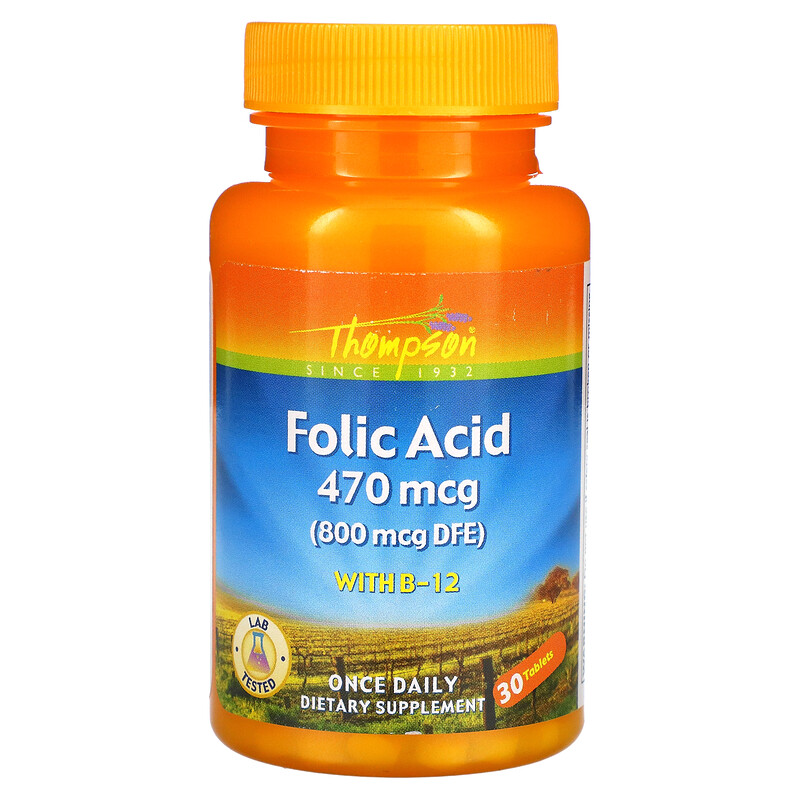 Thompson, Folic Acid with B12, 800 mcg, 30 Tablets iHerb