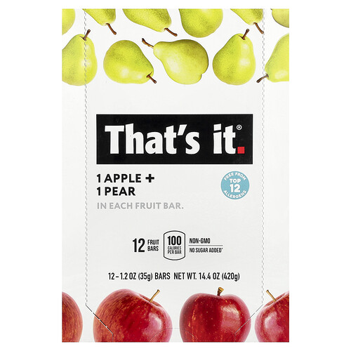 That's It Fruit Bars, Apple + Pear, 12 Bars, 1.2 oz (35 g) Each