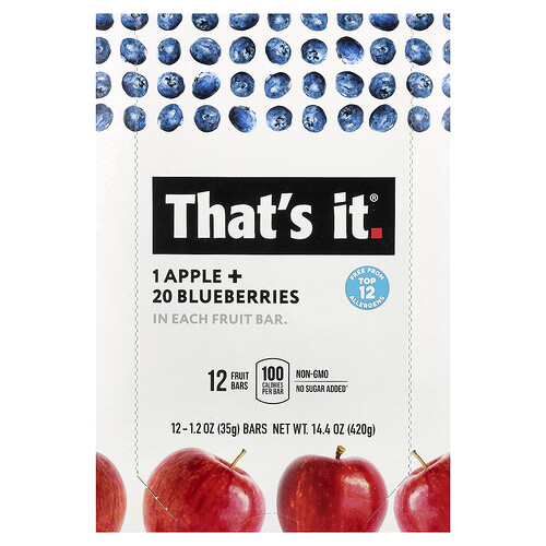 That's It, Fruchtriegel, Apfel + Heidelbeeren, 12 Riegel, je 35 g (1,2 oz.)