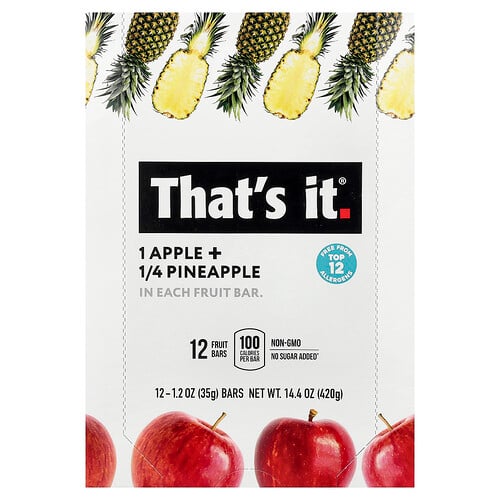 That's It Fruit Bars, Apple + Pineapple, 12 Bars, 1.2 oz (35 g) Each