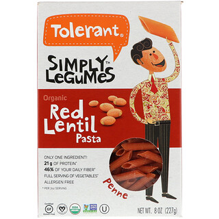 Tolerant, Макароны из органической красной чечевицы, пенне, 227 г
