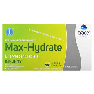 Trace, TM Sport, compresse effervescenti Max-Hydrate Immunity, limone e lime, 8 tubi, 10 compresse ciascuno