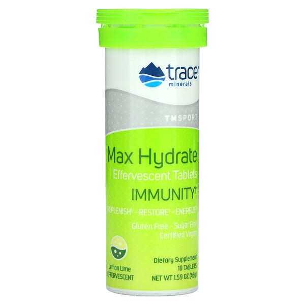 Trace Minerals Research, Refuerzo inmunitario de máxima hidratación, Comprimidos efervescentes, Lima-limón, 45 g (1,59 oz)