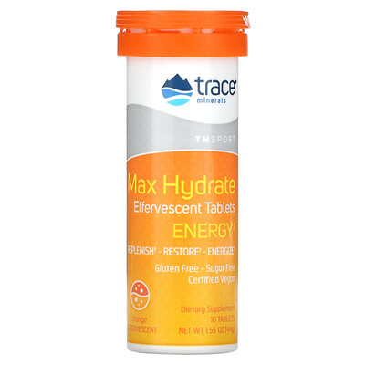 

Trace Minerals ®, Max Hydrate Energy, Effervescent Tablets, Orange, 1.55 oz (44 g)