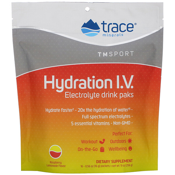 Trace Minerals Research‏, Hydration I.V., Electrolyte Drink Paks, Raspberry Lemonade Flavor, 16 Packets, 0.56 oz (16 g) Each