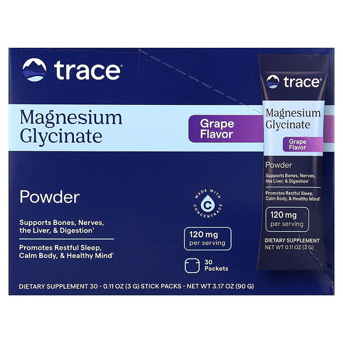 Trace Magnesium Glycinate Powder, Grape, 30 Packets, 0.11 oz (3 g) Each