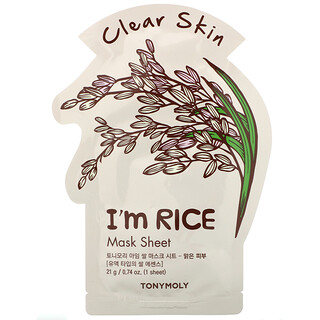 Tony Moly, I'm Rice، قناع ورقي تجميلي لبشرة نقية، قناع ورقي واحد، 0.74 أونصة (21 جم)