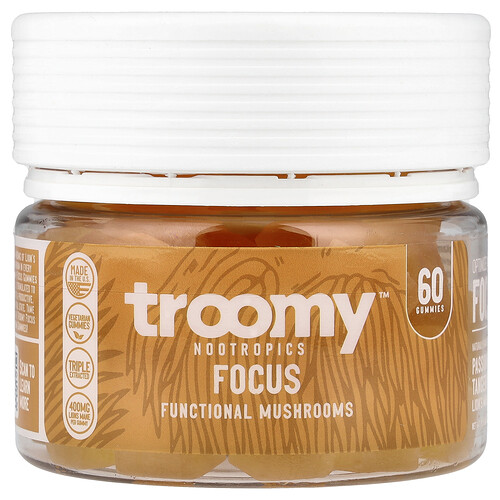 Troomy Nootropics, Focus, Functional Mushrooms Gummies, Funktionelle Pilz-Fruchtgummis, Passionsfrucht-Mandarine, 60 Fruchtgummis