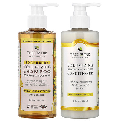 Tree To Tub, Jaboncillo, Set de champú y acondicionador voluminizador, Para cabello fino y sin volumen, Limón siciliano y árbol del té, Set de 2 piezas, 250 ml (8,5 oz. líq.) cada una